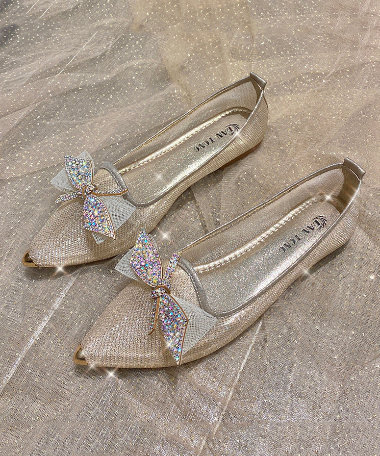 Summer Champagne Bow Zircon Pointed Flat Shoes