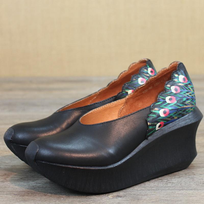 Wedge Peacock Tail Print Sewing Casual Shoes
