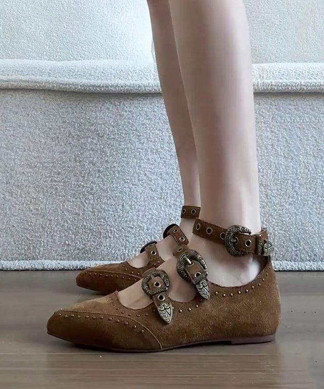 Brown Wedge Heels Shoes Suede Boutique Splicing Buckle Strap Rivet