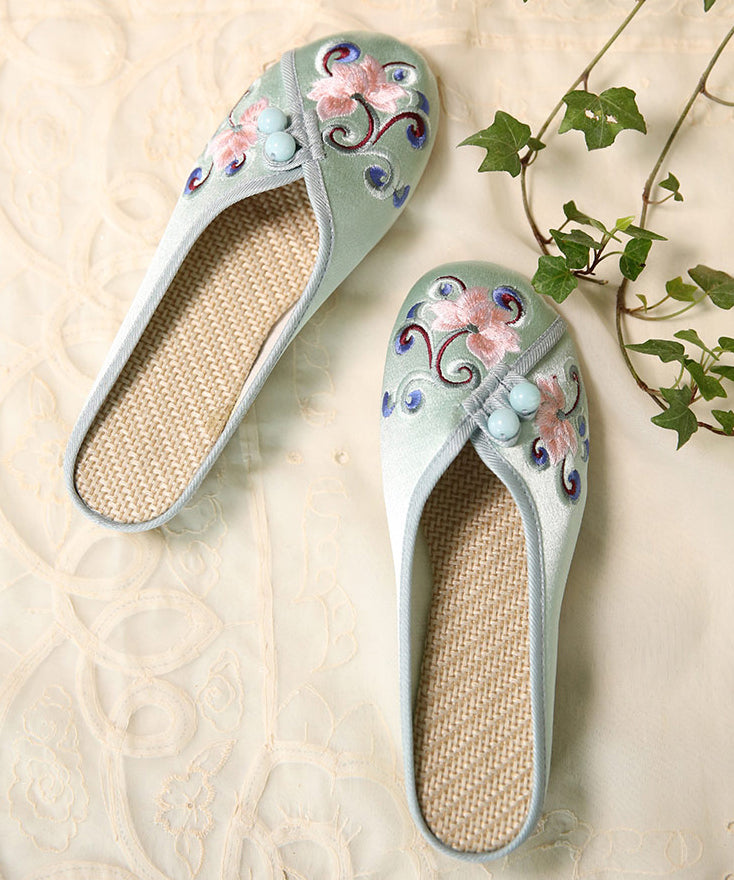 Green Embroideried Button Cotton Fabric Slide Sandals