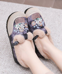 Comfy Embroidery Flat Feet Shoes Red Fuzzy Wool Lined