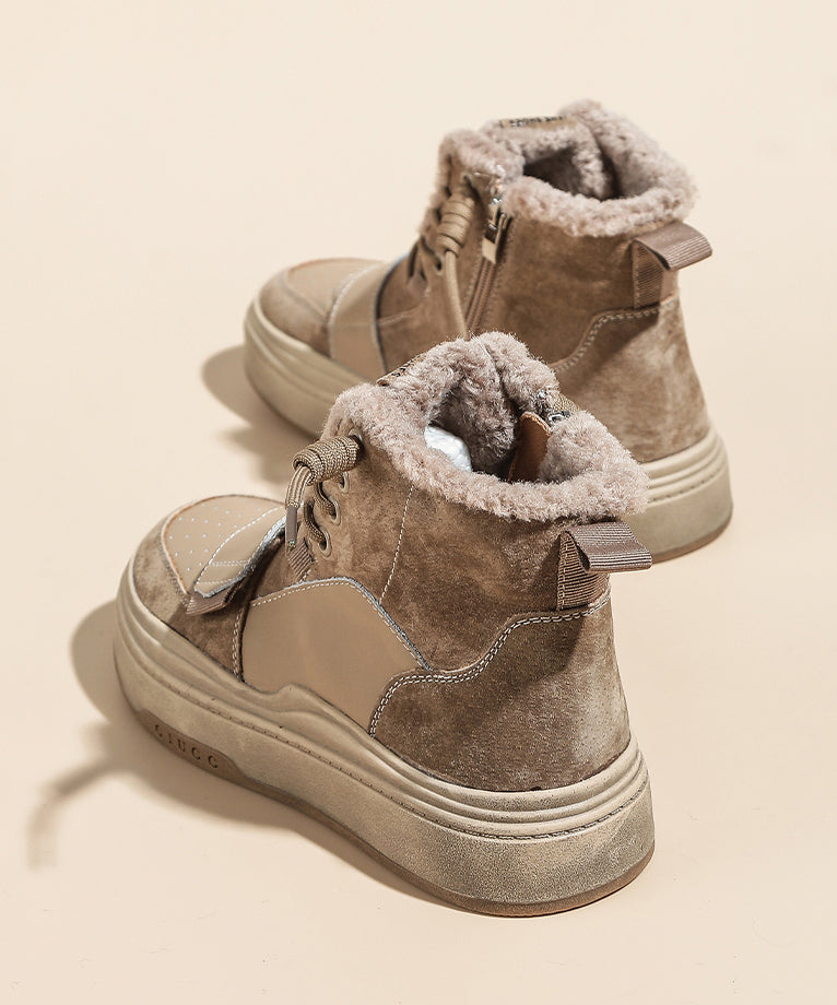 Lace Up Splicing Platform Boots Khaki Faux Leather Fuzzy Wool Lined