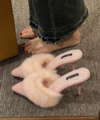 New Pink High Heels Slippers Pointed Toe Fuzzy Wool Lined
