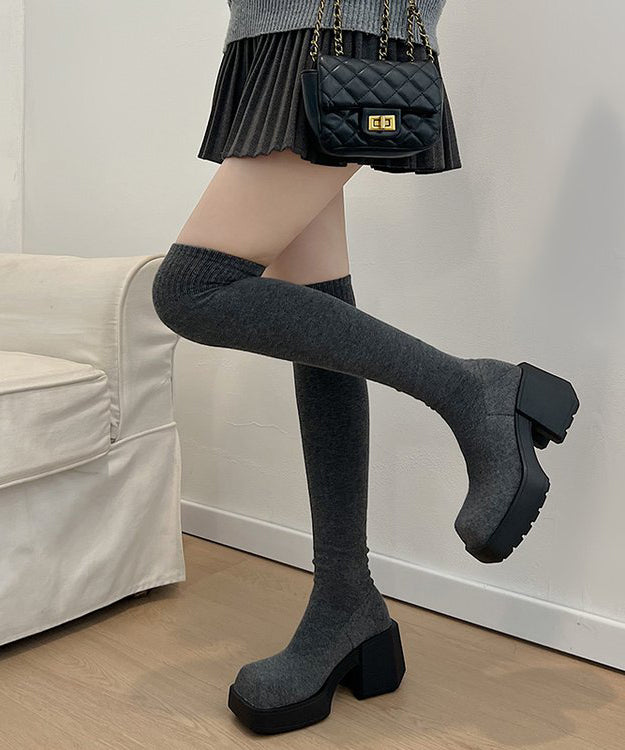 Grey Knit Fabric Chic Splicing Chunky Heel Knee Boots