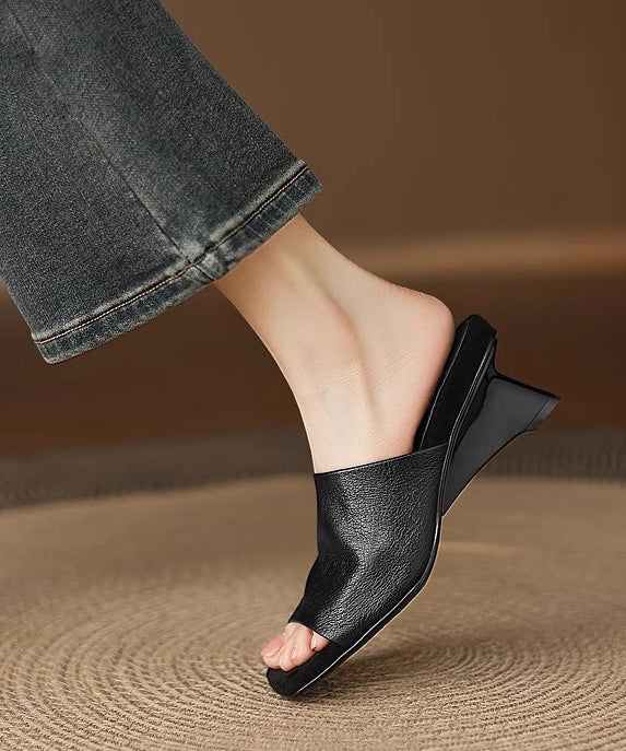 Black Chunky Sheepskin Beautiful Slide Sandals Peep Toe