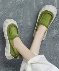Handmade Splicing Platform Flat Feet Shoes Green Cowhide Leather