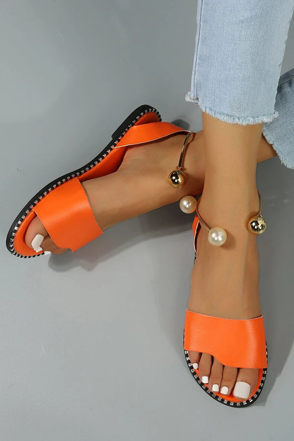 Simple Flat Bottom Pearl Buckle Roman Sandals