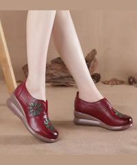 Vintage Brown Cowhide Leather Wedge Heels Shoes Splicing Floral