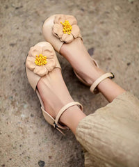 Vintage Green Flat Sandals Splicing Floral Buckle Strap