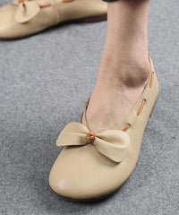 Elegant Chocolate Bow Cowhide Flat Shoes For Women