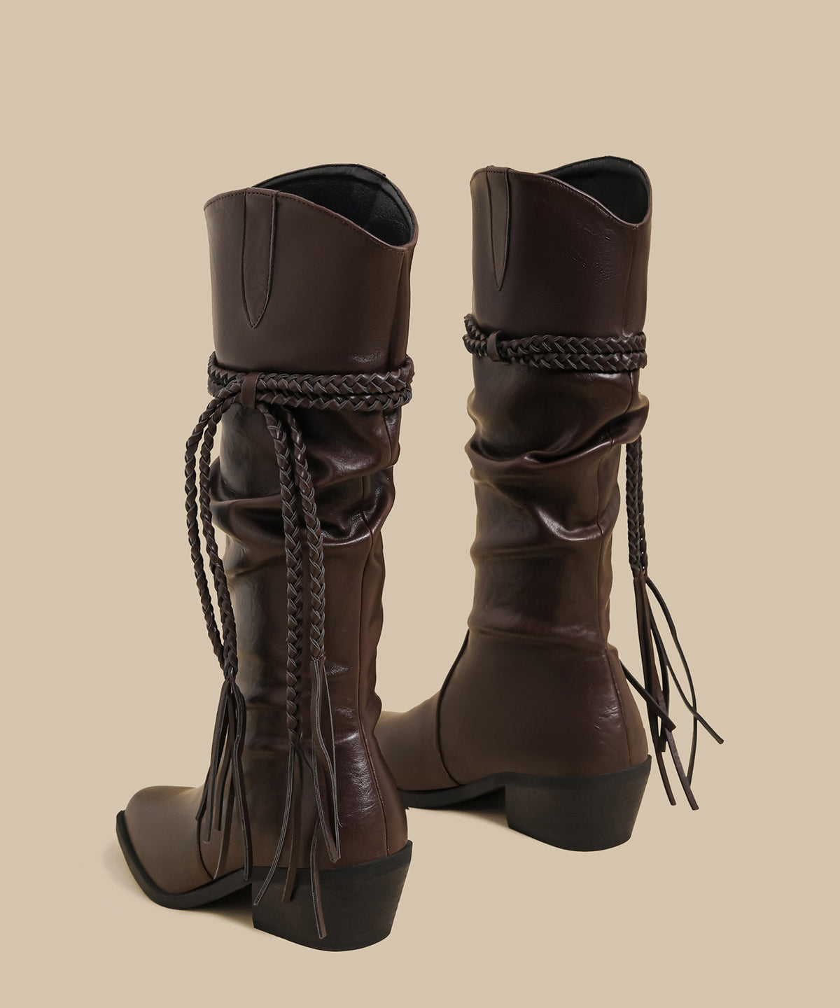 Women Wrinkled Tassel Splicing Chunky Boots Brown Faux Leather