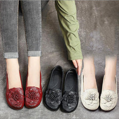Red Floral Cowhide Leather Flat Shoes For  Flat