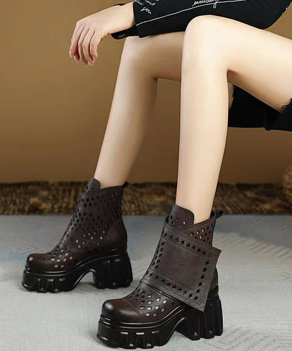 Hollow Out Chunky Boots Khaki Cowhide Leather