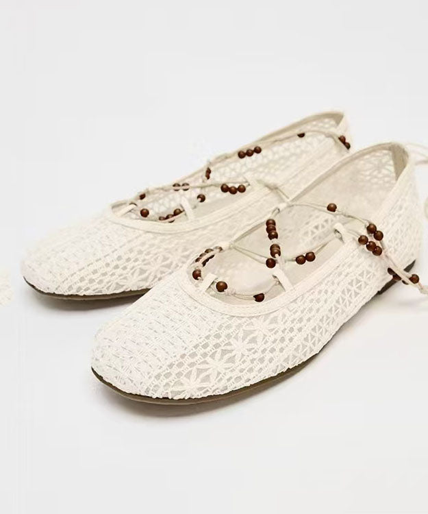 White Knit Fabric Lace Up Hollow Out Flat Shoes