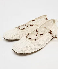 White Knit Fabric Lace Up Hollow Out Flat Shoes