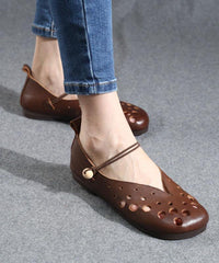 Cowhide Chocolate Leather Flat Shoes For Women Hollow Out Flat Shoes