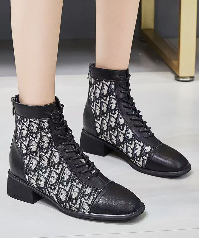 Splicing Chunky Boots Black Faux Leather Lace Up