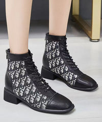 Splicing Chunky Boots Black Faux Leather Lace Up