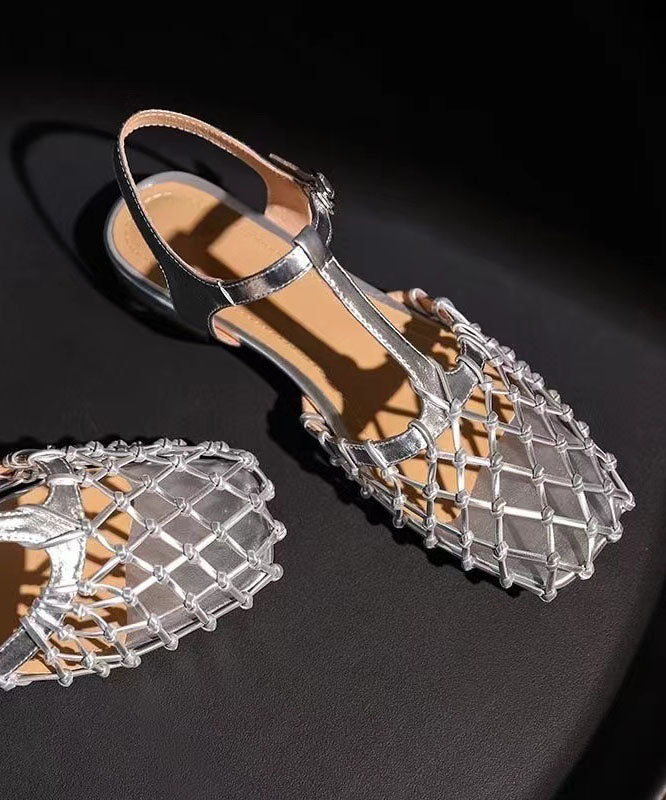 French Hollow Out Buckle Strap Silver Sandals