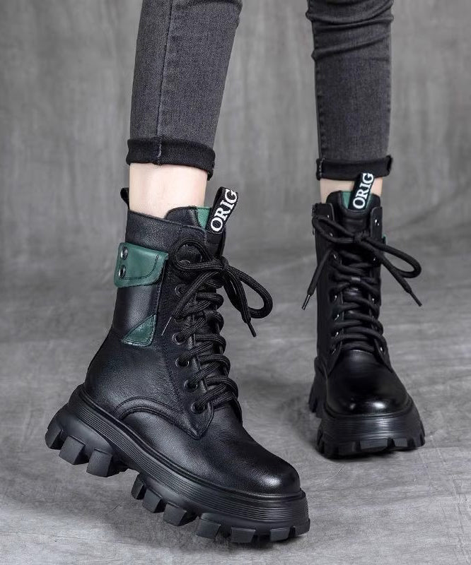 Splicing Platform Boots Black Cowhide Leather Lace Up