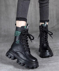 Splicing Platform Boots Black Cowhide Leather Lace Up