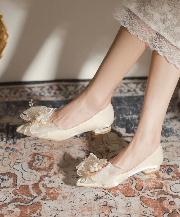 Apricot Bow Nail Bead Splicing Flat Feet Shoes Pointed Toe