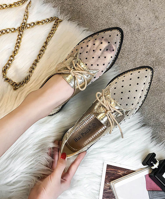 Apricot Splicing Flats Black Tulle Lace Up Pointed Toe