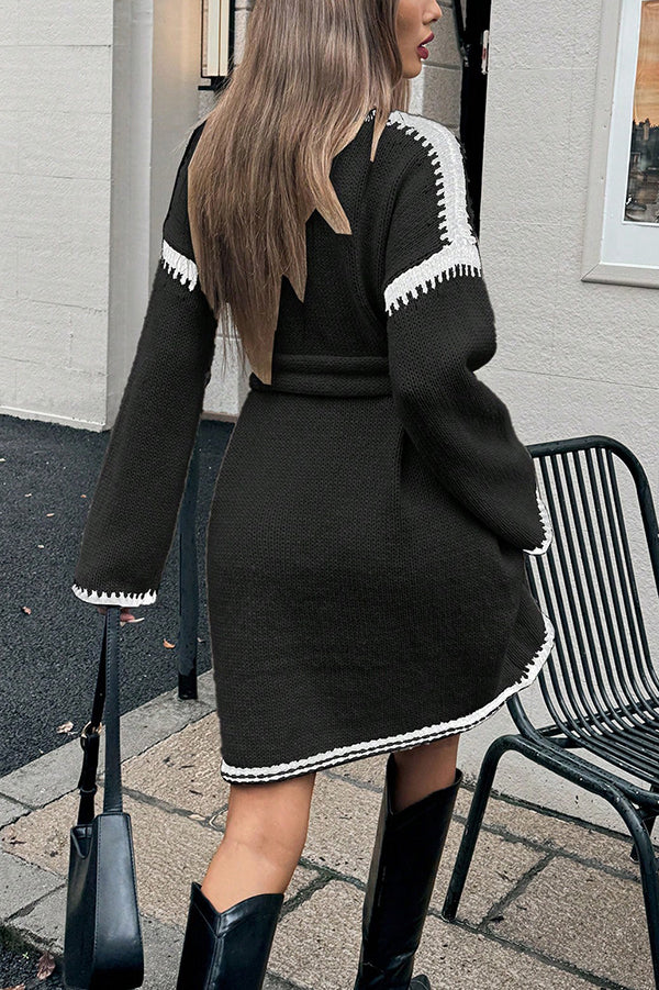 Loose-fitting Long-sleeved Tie-waist Knit Mini Dress