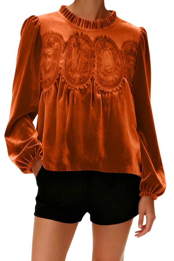 Velvet and Lace Patchwork Loose Long-sleeved Top