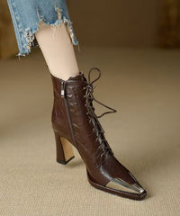 Brown Sheepskin Splicing Chunky Heel Boots Cross Strap