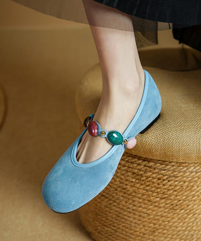 Blue Suede Buckle Strap Splicing Flat Shoes For Women