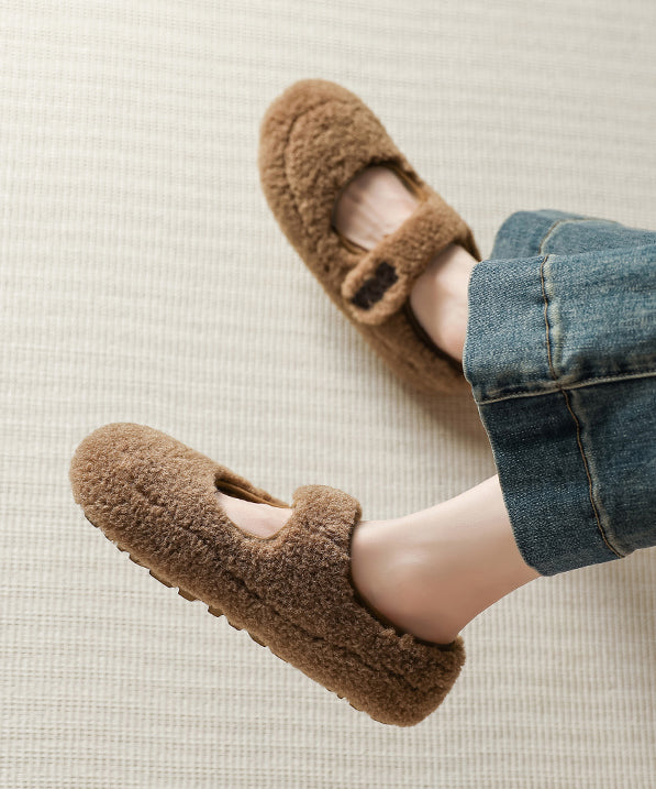 Beige Faux Fur Splicing Flat Shoes Women Fuzzy Wool Lined