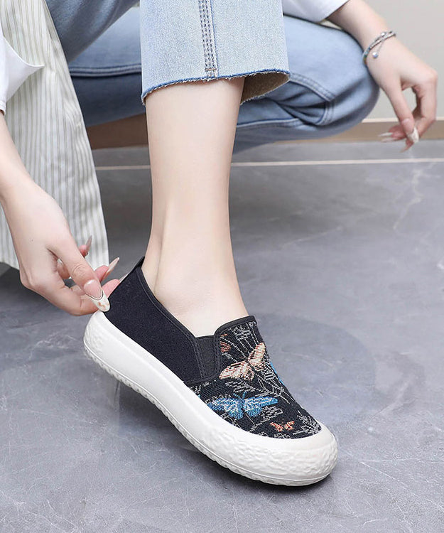 Women Casual Embroidered Flats Black Cotton Fabric
