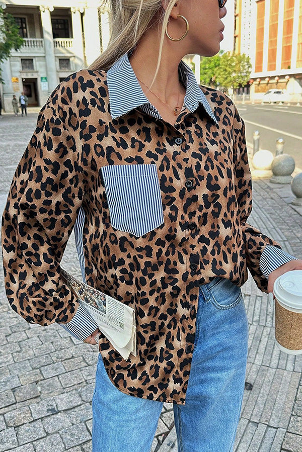 Striped Leopard Print Patchwork Loose Casual Long-sleeved Shirt