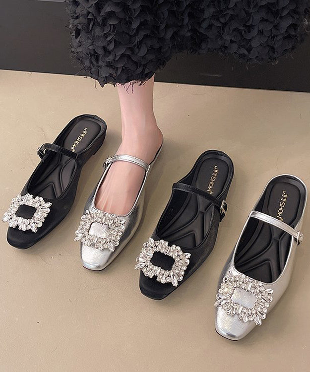 French Zircon Splicing Silver Faux Leather Slide Sandals
