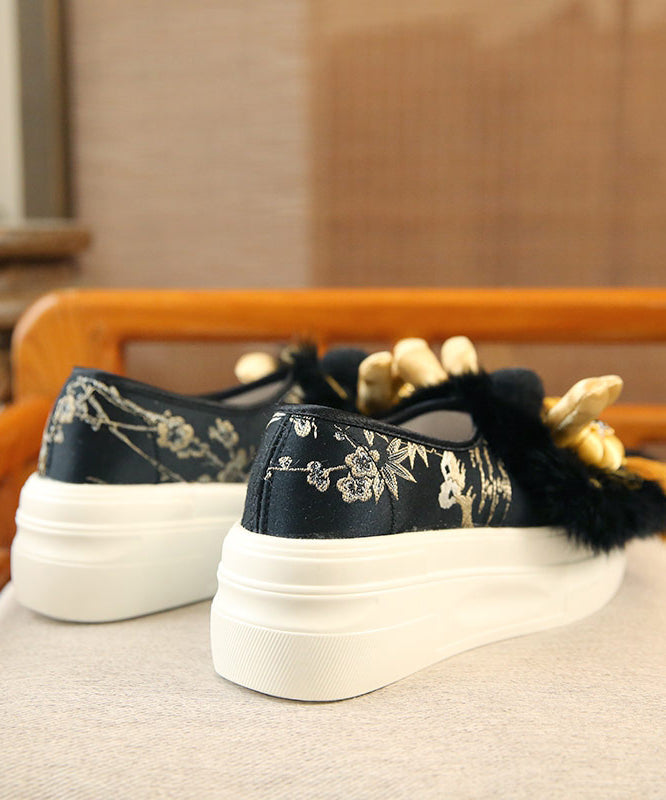 Handmade Faux Fur Splicing Platform Flats Black Embroidery