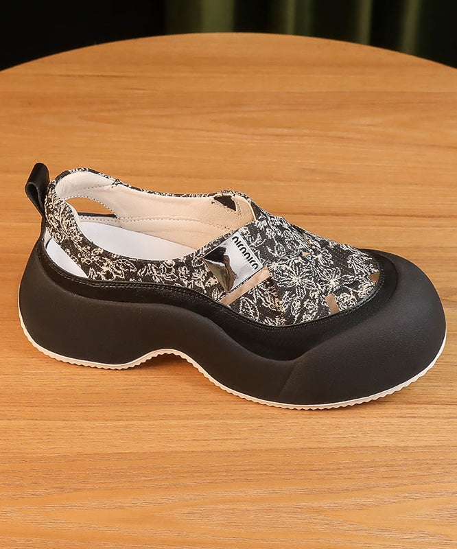 Splicing Platform Sandals Khaki Faux Leather Hollow Out