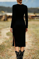 Solid Color Round Neck Long-sleeved Suede Slim-fit Tassel Midi Dress