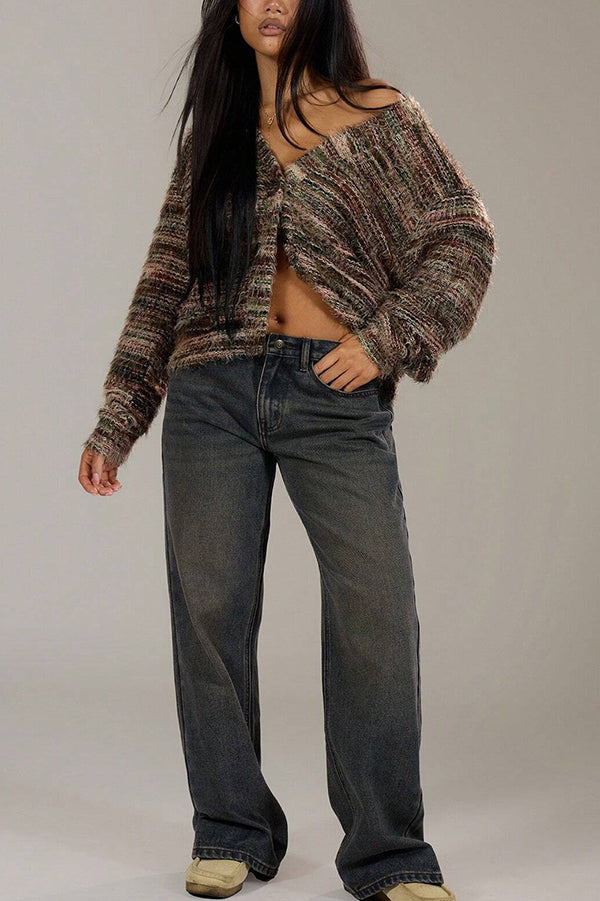 Mixed Color Loose V-neck Casual Knit Cardigan