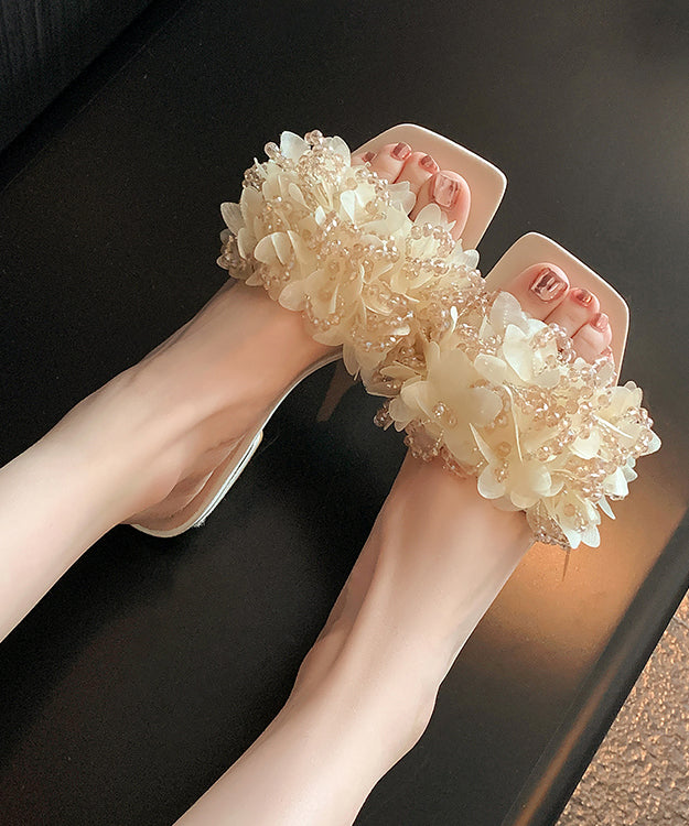 Stylish Apricot Floral Slide Sandals Peep Toe