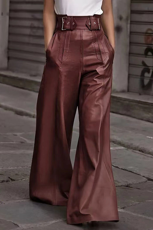 Leather High Waist Loose Pocket Casual Flared Pants