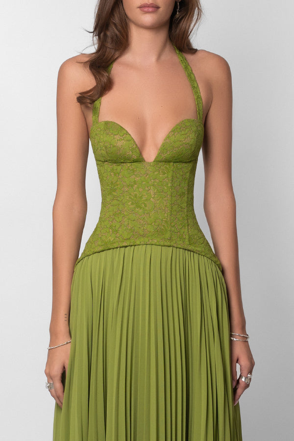 Elegant Lace Patchwork Halter Neck Tie Backless Pleated Maxi Dress