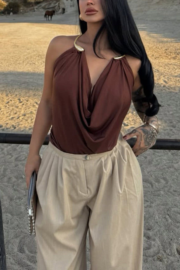 Metal Ring Halter Neck Backless Draped Sleeveless Top