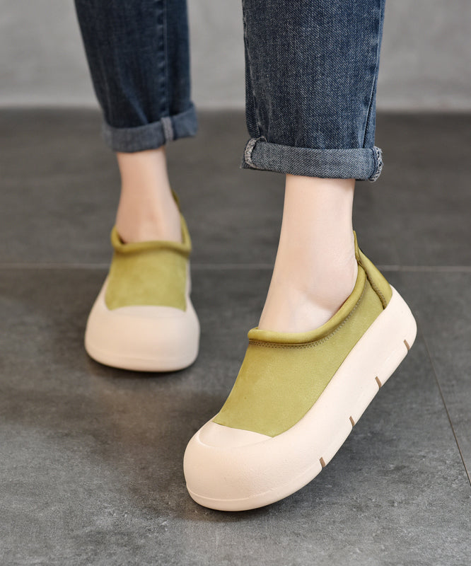 Brown Platform Cowhide Leather Simple Splicing Flat Shoes