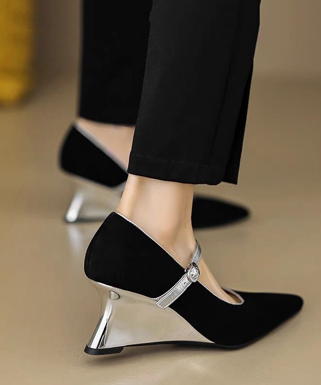 Black Wedge Heels Shoes Suede Fitted Splicing Buckle Strap