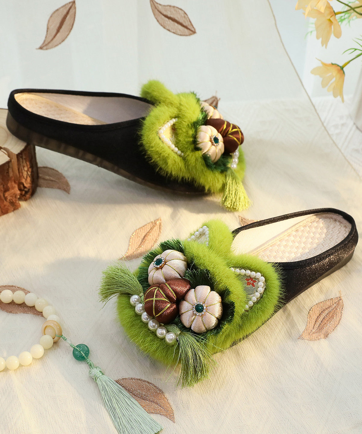 Green Cotton Fabric Slippers Shoes Nail Bead