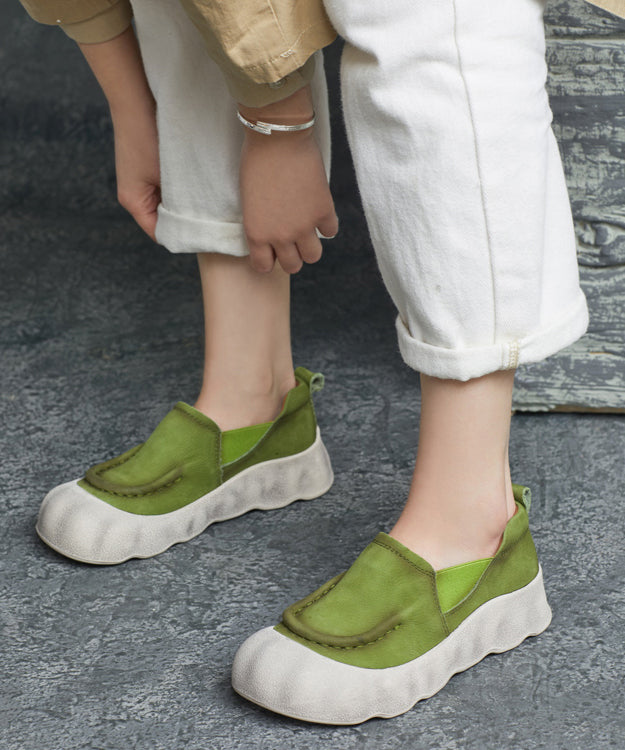 Handmade Splicing Platform Flat Feet Shoes Green Cowhide Leather
