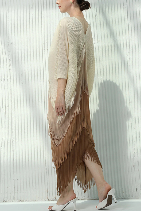Color-blocked Multi-layered Tassel Loose Midi Dress