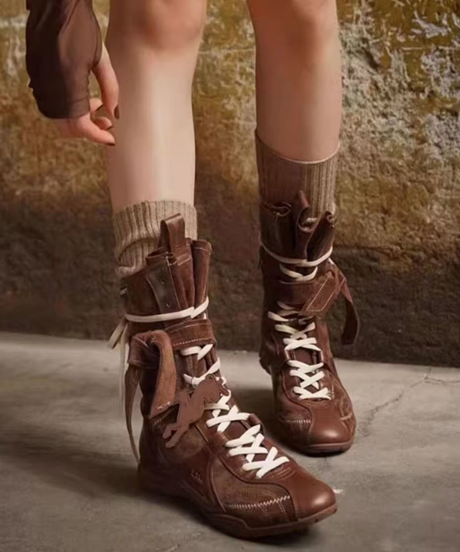 Fashion Brown Suede Splicing Lace Up Boots