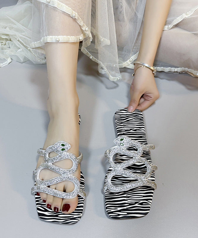 Versatile Black Zircon Peep Toe Slide Sandals